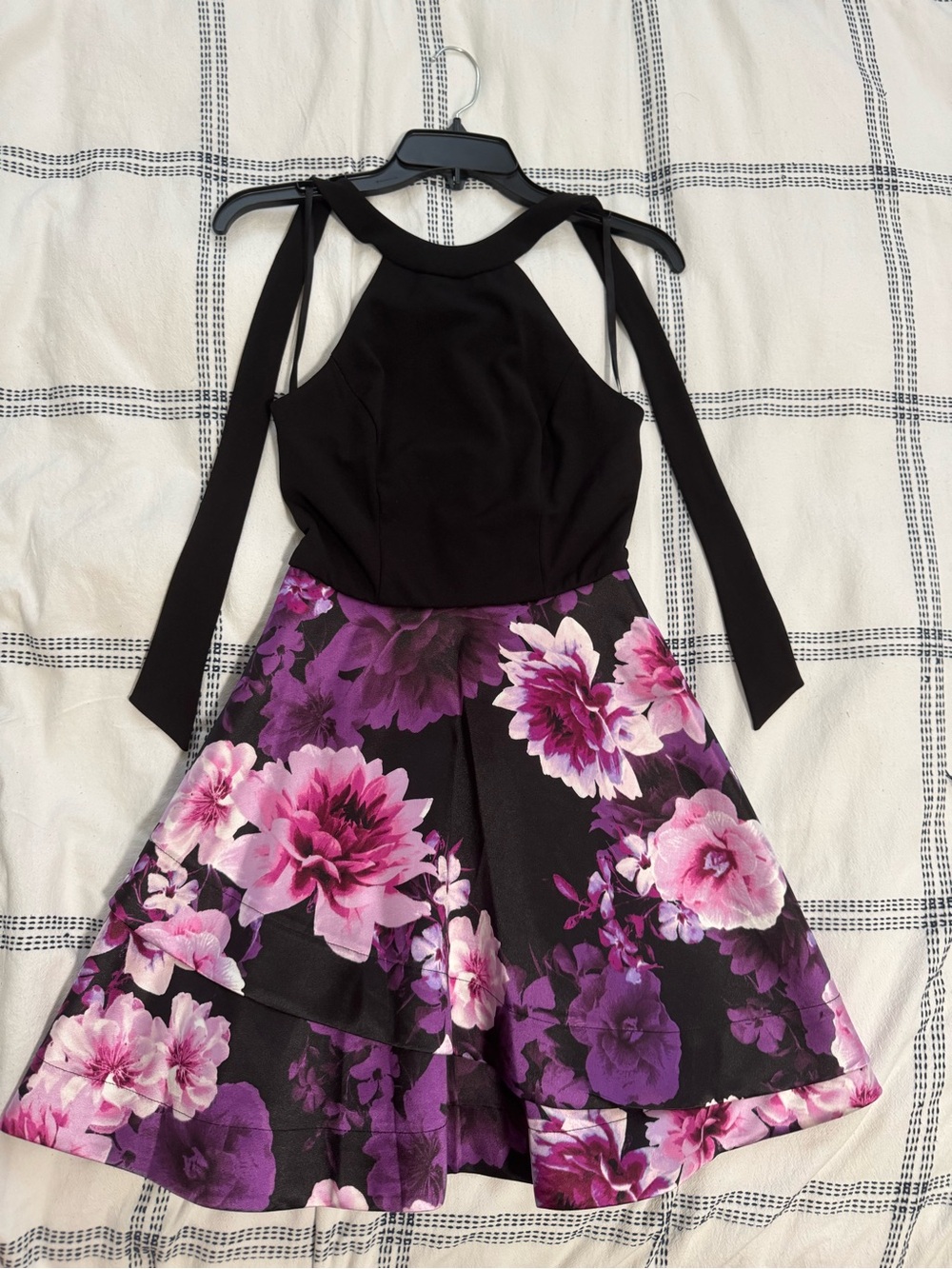 Macy's Black Halter Bodice Floral Purple & Pink Skater Dress